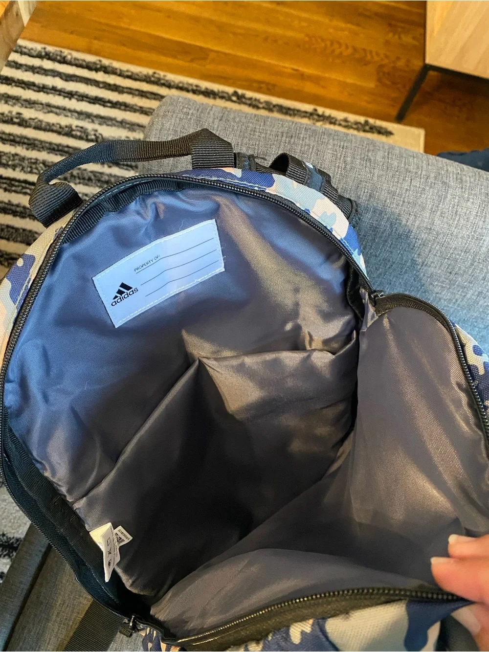 adidas Camouflage Backpack Blue Zip Padded Inner Pockets Crossbody Strap